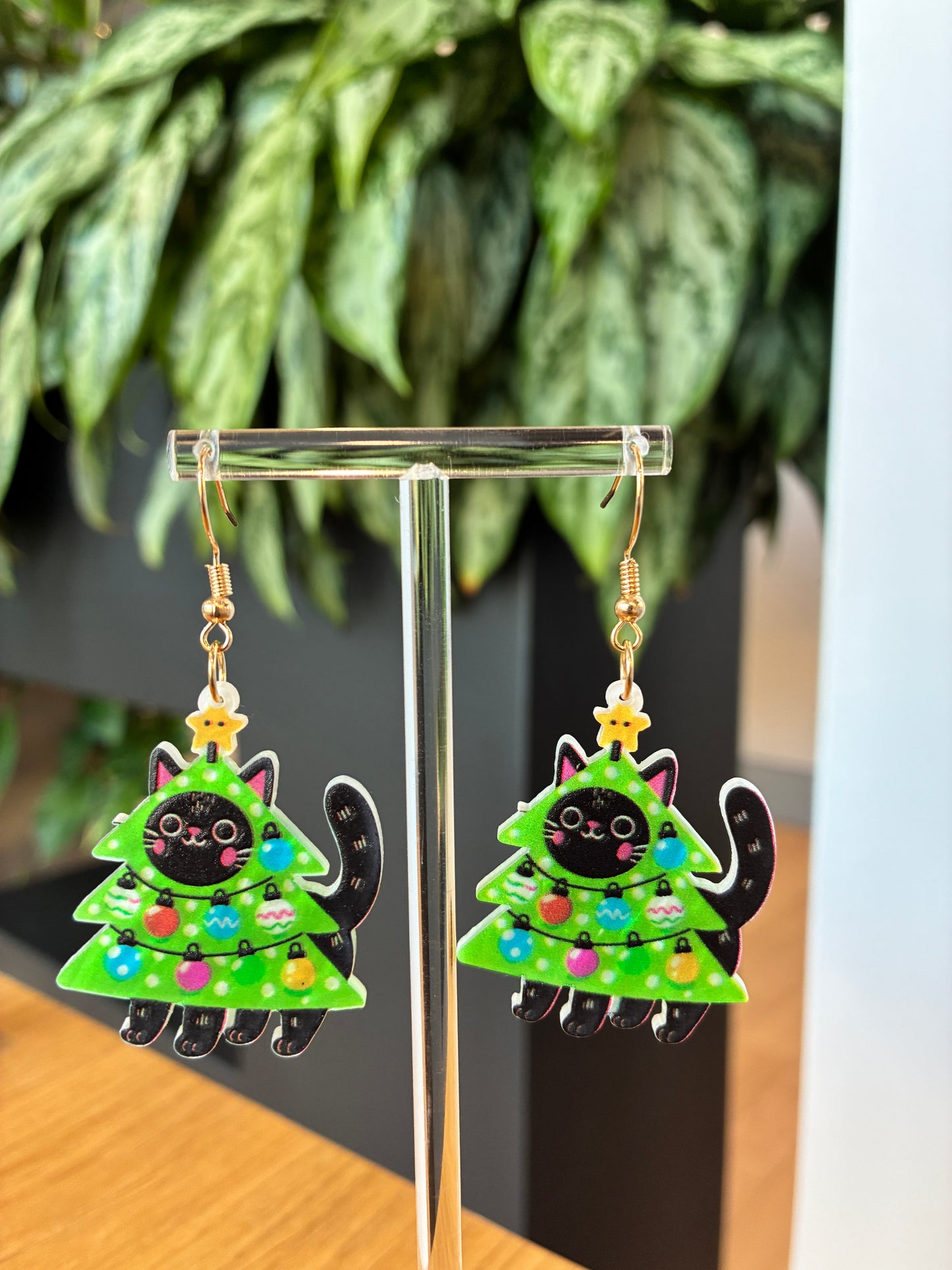 Cat Christmas Tree Earrings