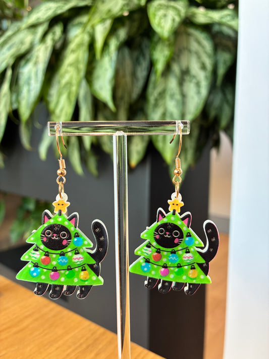 Cat Christmas Tree Earrings