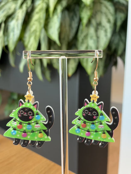 Cat Christmas Tree Earrings
